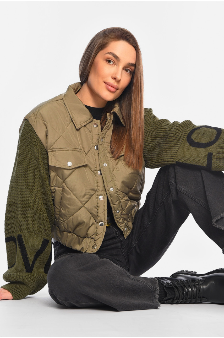 Куртка женская с вязаным рукавом демісезонна кольору хакі 5442 186886