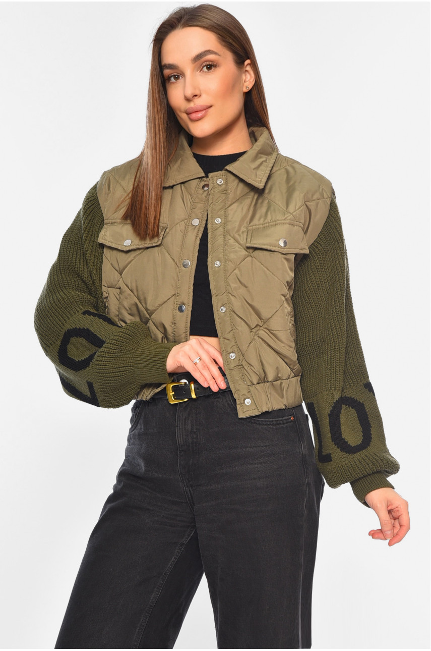 Куртка женская с вязаным рукавом демісезонна кольору хакі 5442 186886