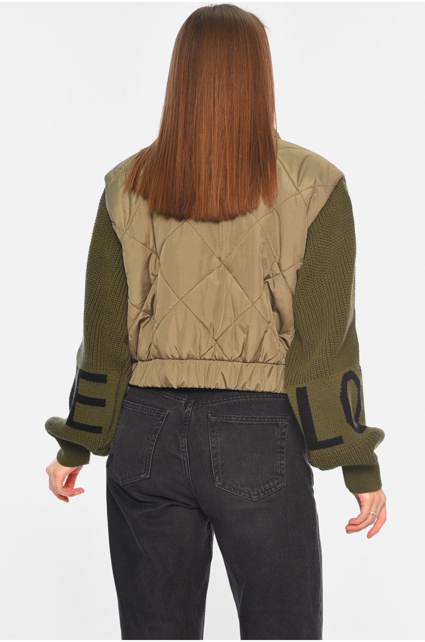 Куртка женская с вязаным рукавом демісезонна кольору хакі 5442 186886