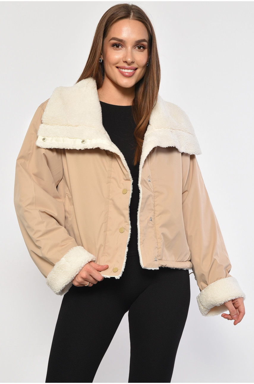 Куртка жіноча демісезонна двостороння на штучному хутрі темно-бежевого кольору 8207 187053