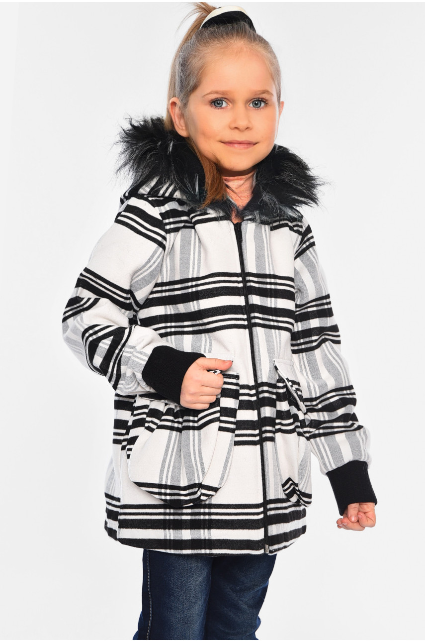 Пальто демісезонне для дівчинки текстильне на штучному хутрі чорно-білого кольору 187516 Пальто демісезонне для дівчинки текстильне на штучному хутрі чорно-білого кольору 187516