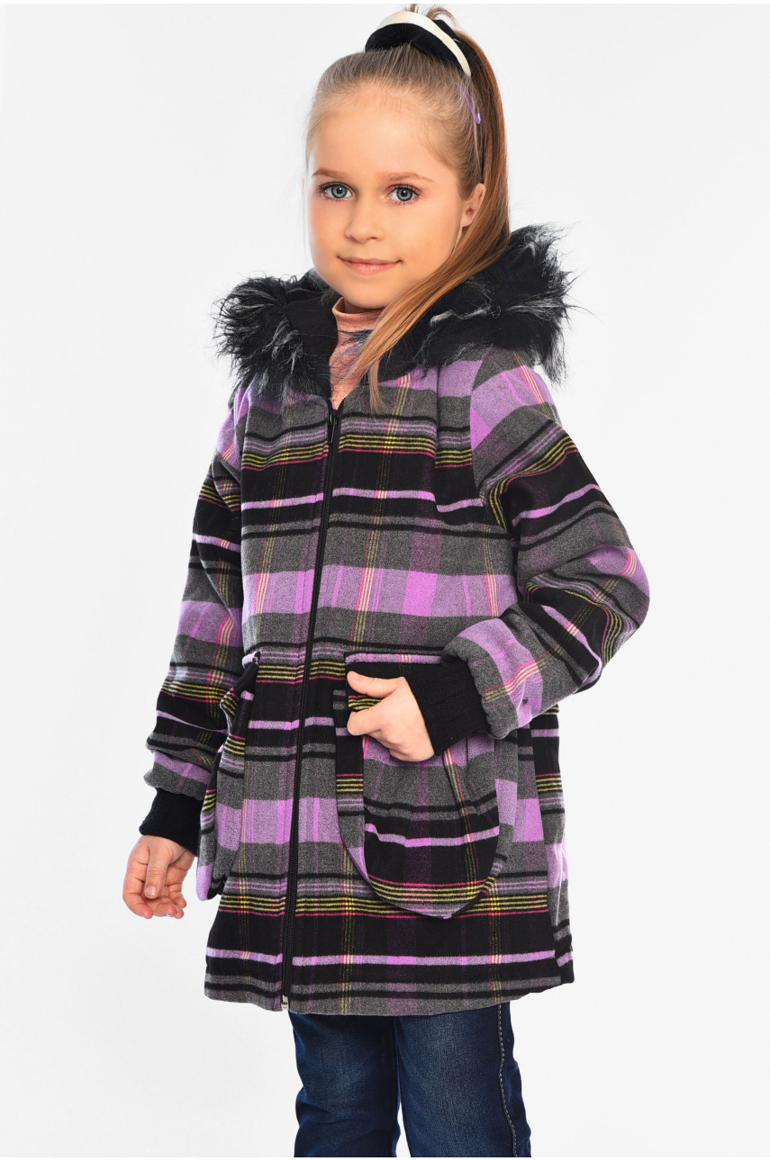 Пальто демісезонне для дівчинки текстильне на штучному хутрі чорно-фіолетового кольору 187517 Пальто демісезонне для дівчинки текстильне на штучному хутрі чорно-фіолетового кольору 187517