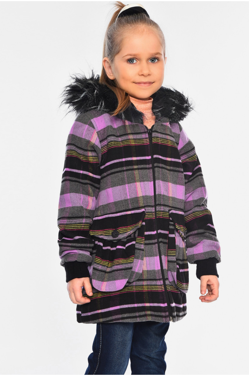 Пальто демісезонне для дівчинки текстильне на штучному хутрі чорно-фіолетового кольору 187517 Пальто демісезонне для дівчинки текстильне на штучному хутрі чорно-фіолетового кольору 187517
