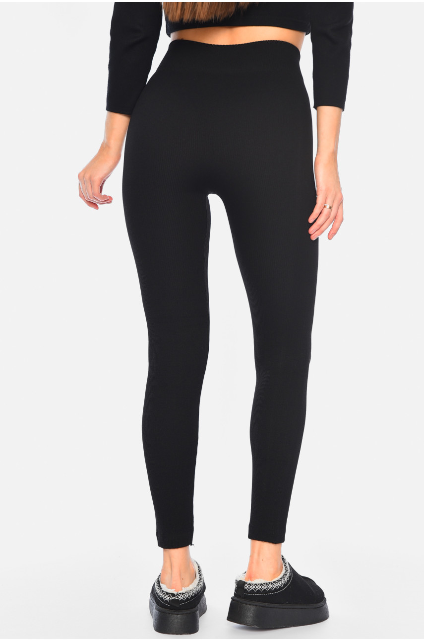 Лосини жіночі термо в рубчик на штучному хутрі чорного кольору 290 187644