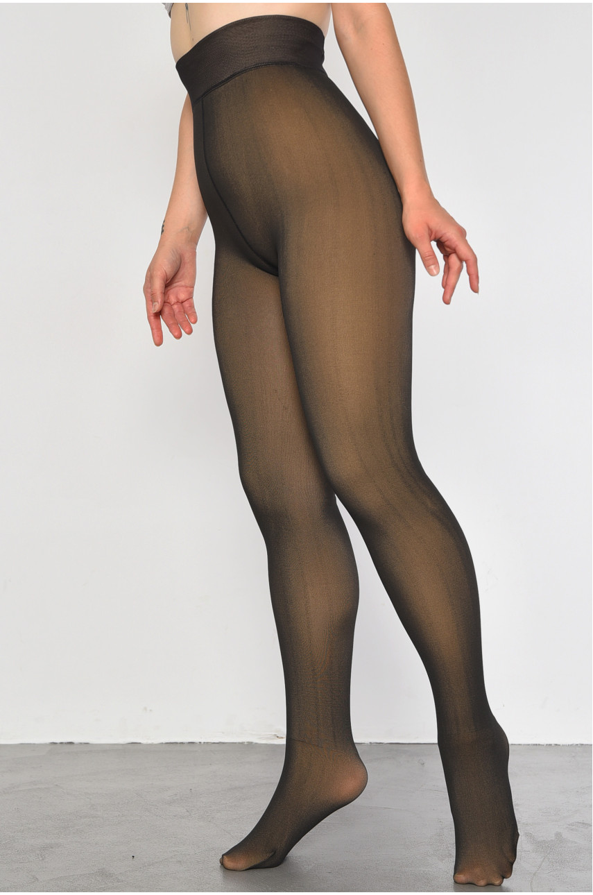 Колготки женские на искусственном меху имитация кожи черно-бежевого цвета 3000D а760-2 187651