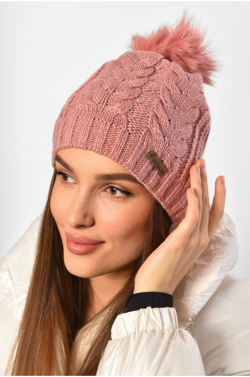 Шапка женская зимняя на флисе однотонная с бубоном розового цвета 188216 Шапка женская зимняя на флисе однотонная с бубоном розового цвета 188216