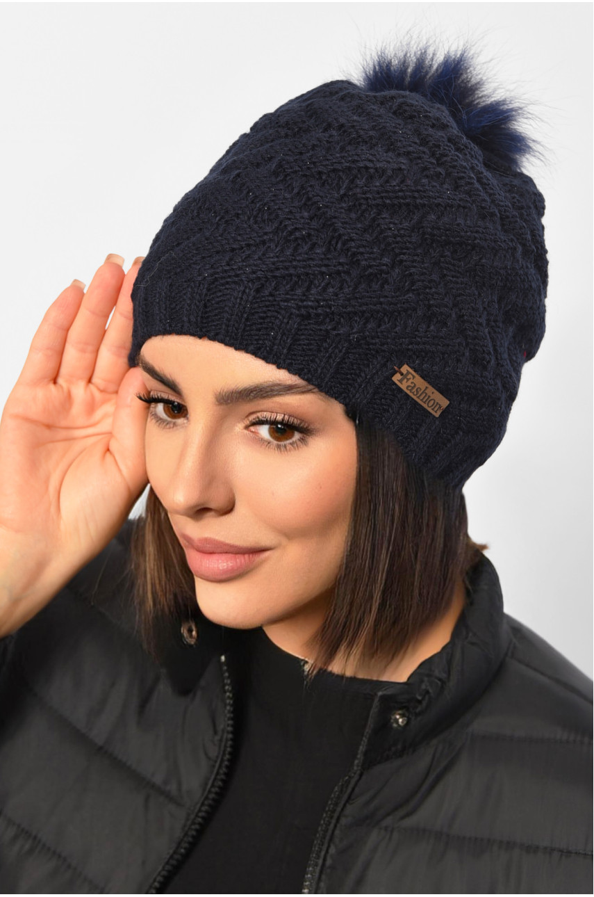 Шапка женская зимняя на флисе однотонная с бубоном темно-синего цвета 188218 Шапка женская зимняя на флисе однотонная с бубоном темно-синего цвета 188218