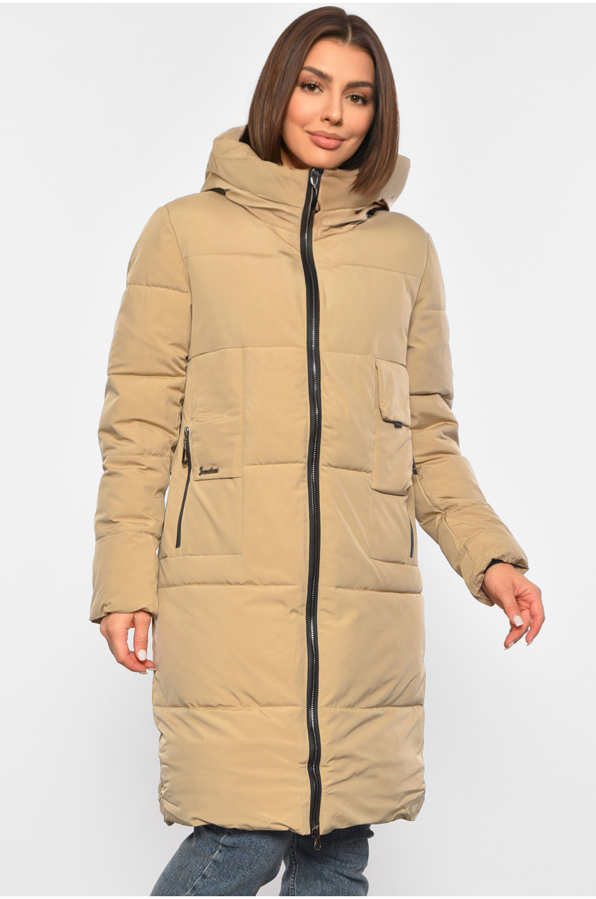 Жіноча куртка зимова з капюшоном бежевого кольору 222 188892