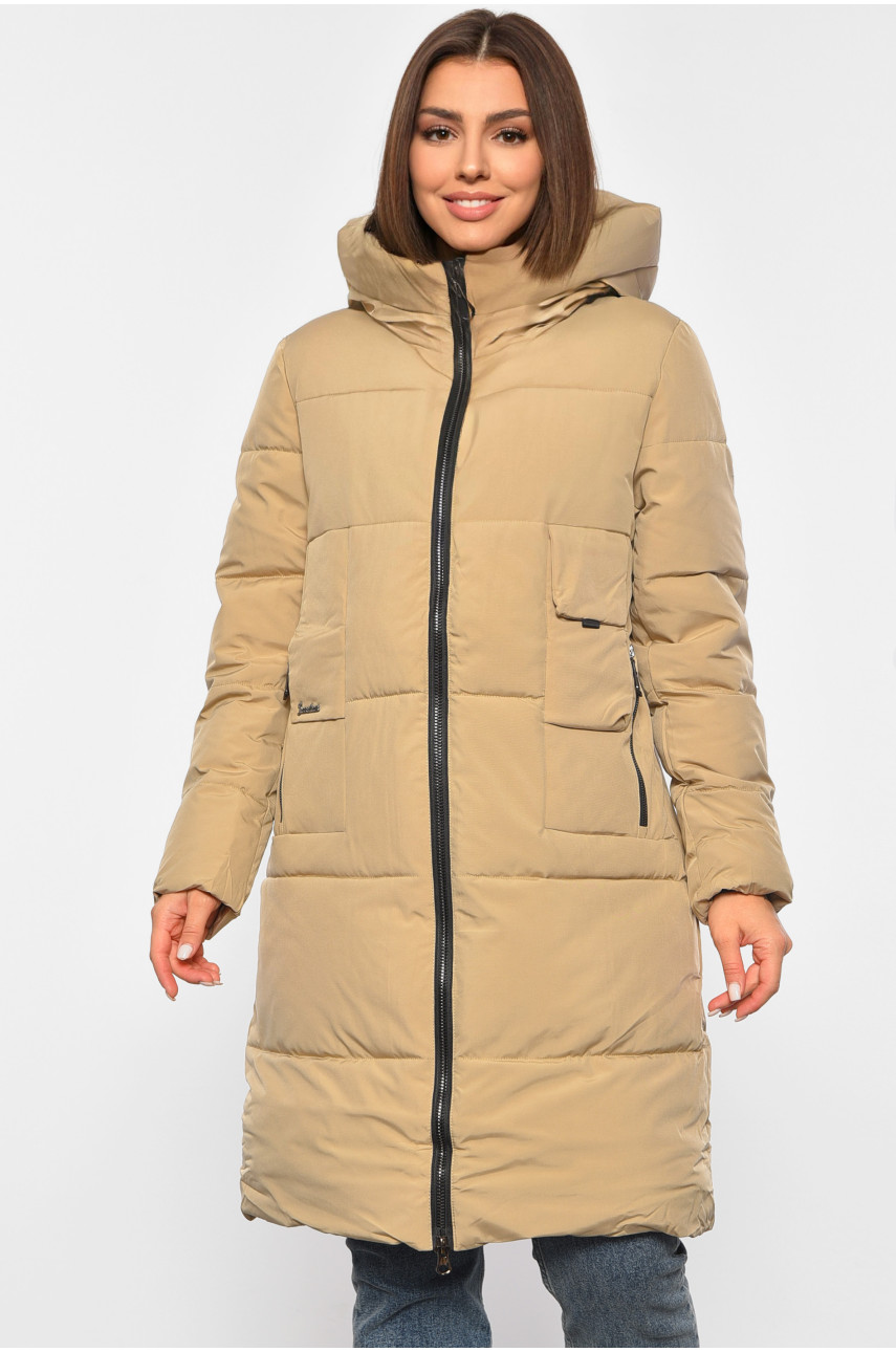Жіноча куртка зимова з капюшоном бежевого кольору 222 188892