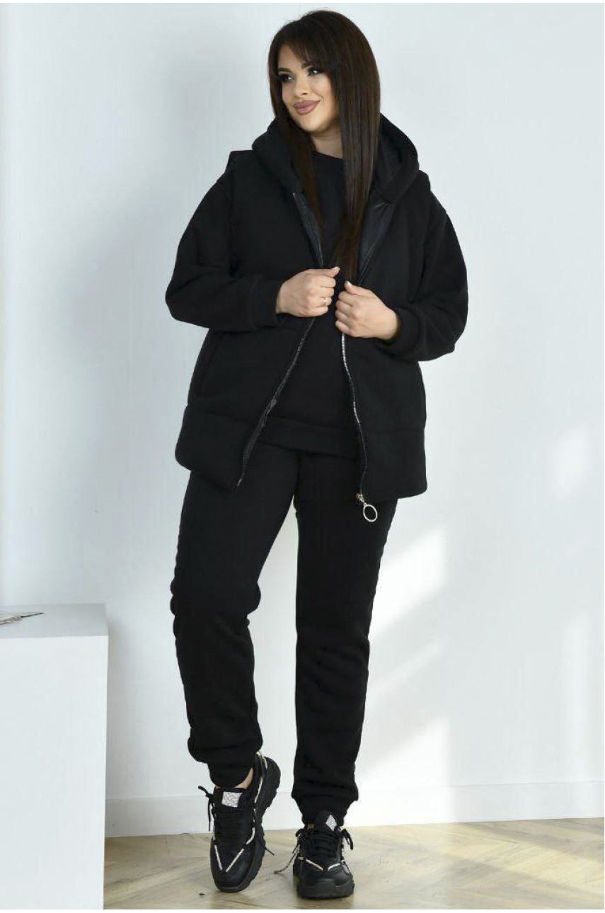 Спортивний костюм жіночий напівбатальний трійка на флісі чорного кольору 2298 188982