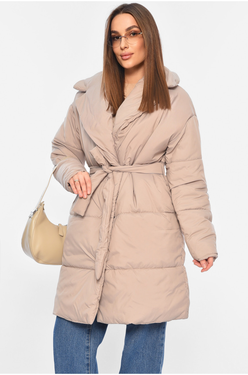 Куртка жіноча демісезонна з поясом бежевого кольору 388 189053