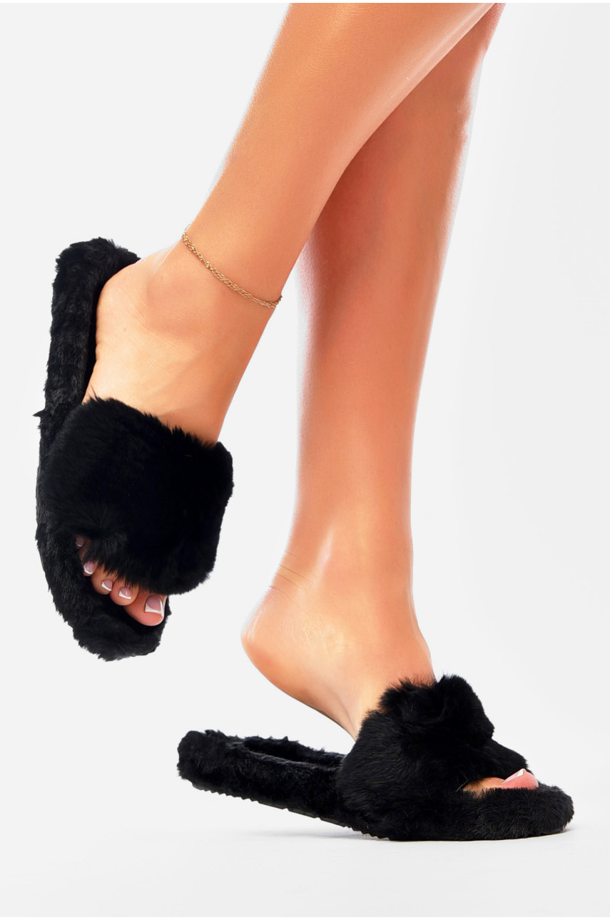 Капці домашні жіночі чорного кольору хутряні 9005-1 190217 Капці домашні жіночі чорного кольору хутряні 9005-1 190217
