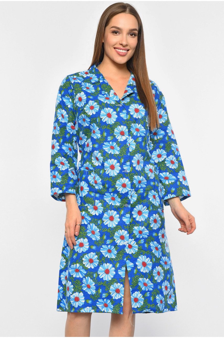 Халат женский байковый батальный синего цвета с цветочным принтом 190286