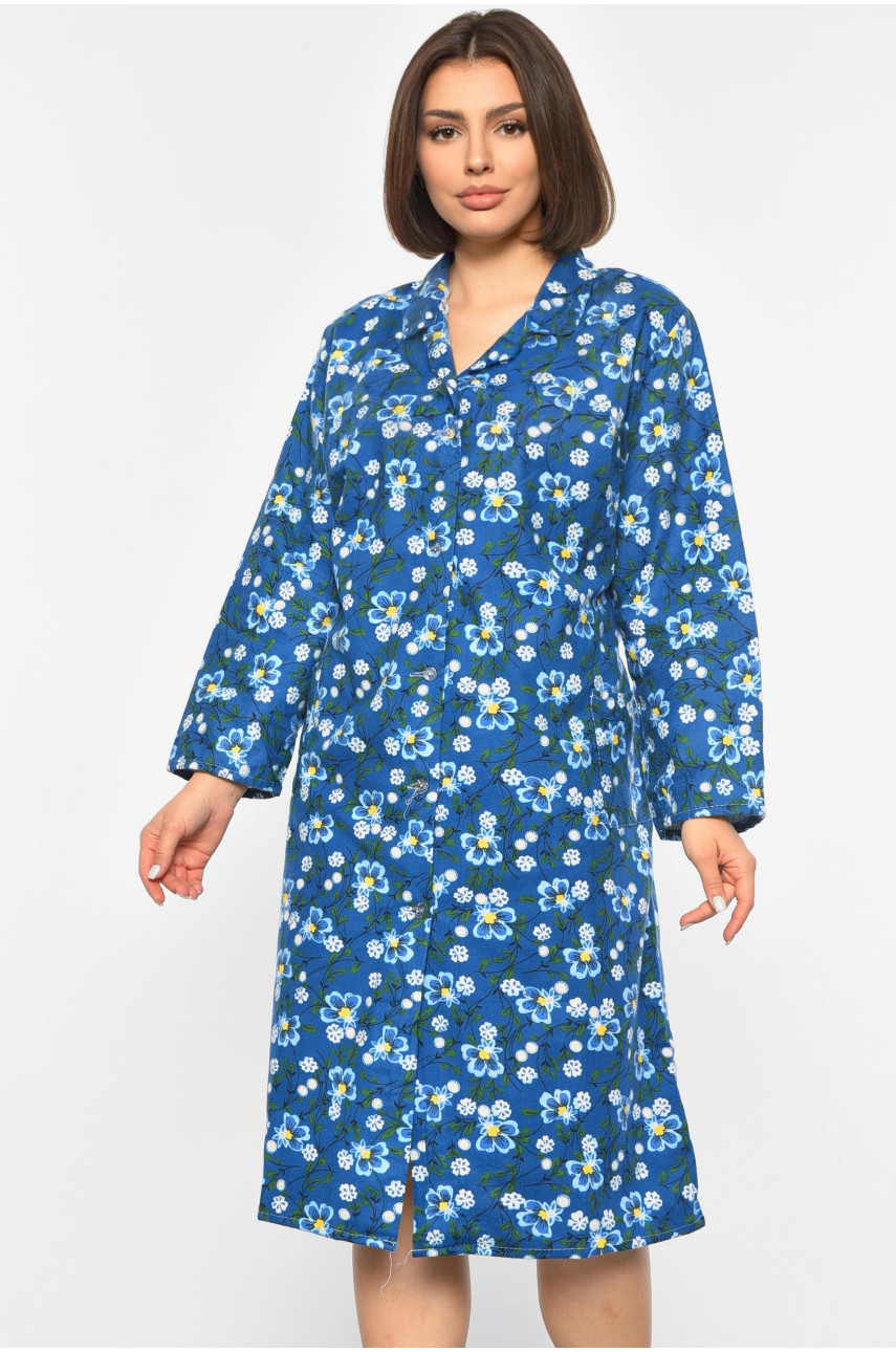 Халат женский байковый батальный синего цвета с цветочным принтом 190291