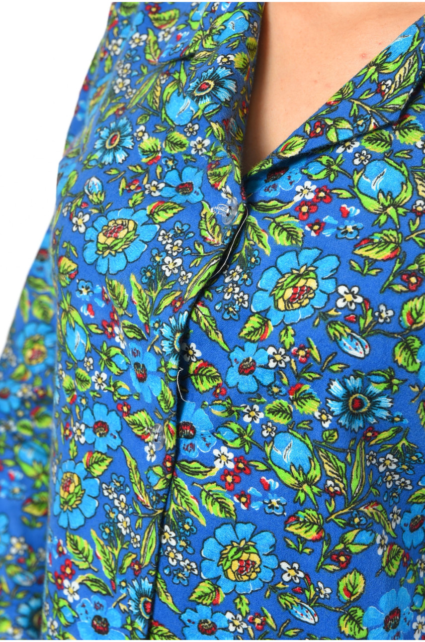 Халат женский байковый батальный синего цвета с цветочным принтом 190292