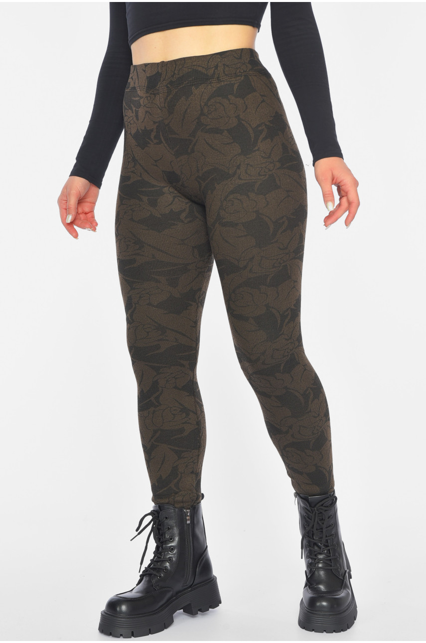 Лосины женские с начесом коричневого цвета с принтом А688 190454