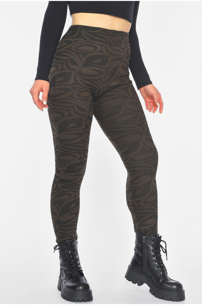 Лосины женские с начесом коричневого цвета с принтом А688 190460