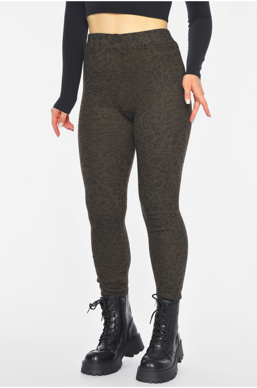 Лосины женские с начесом коричневого цвета с принтом А688 190461