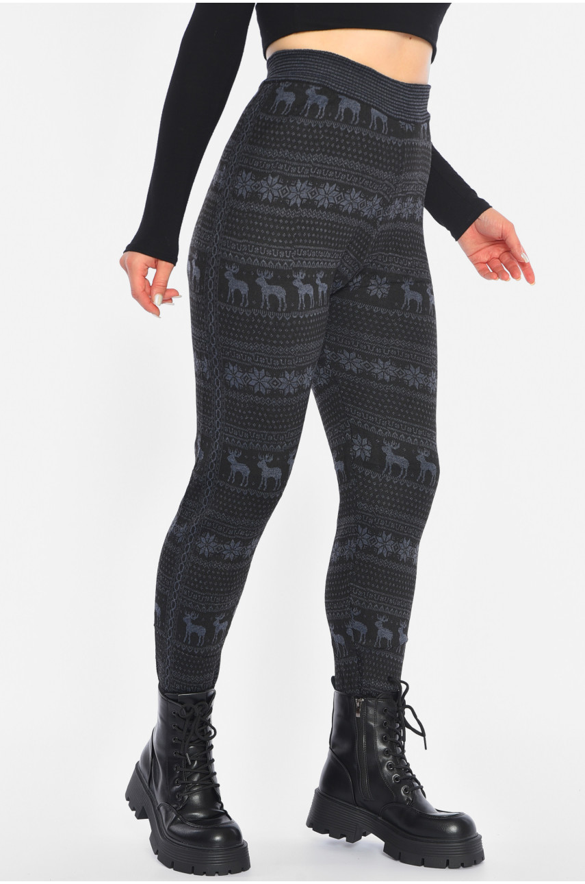Лосины женские полубатальные на флисе черного цвета с рисунком 689 190462