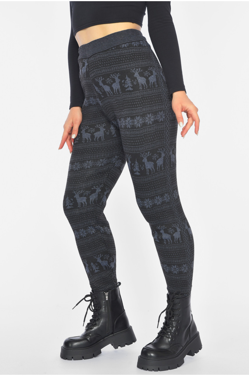 Лосины женские полубатальные на флисе черного цвета с рисунком 689 190478