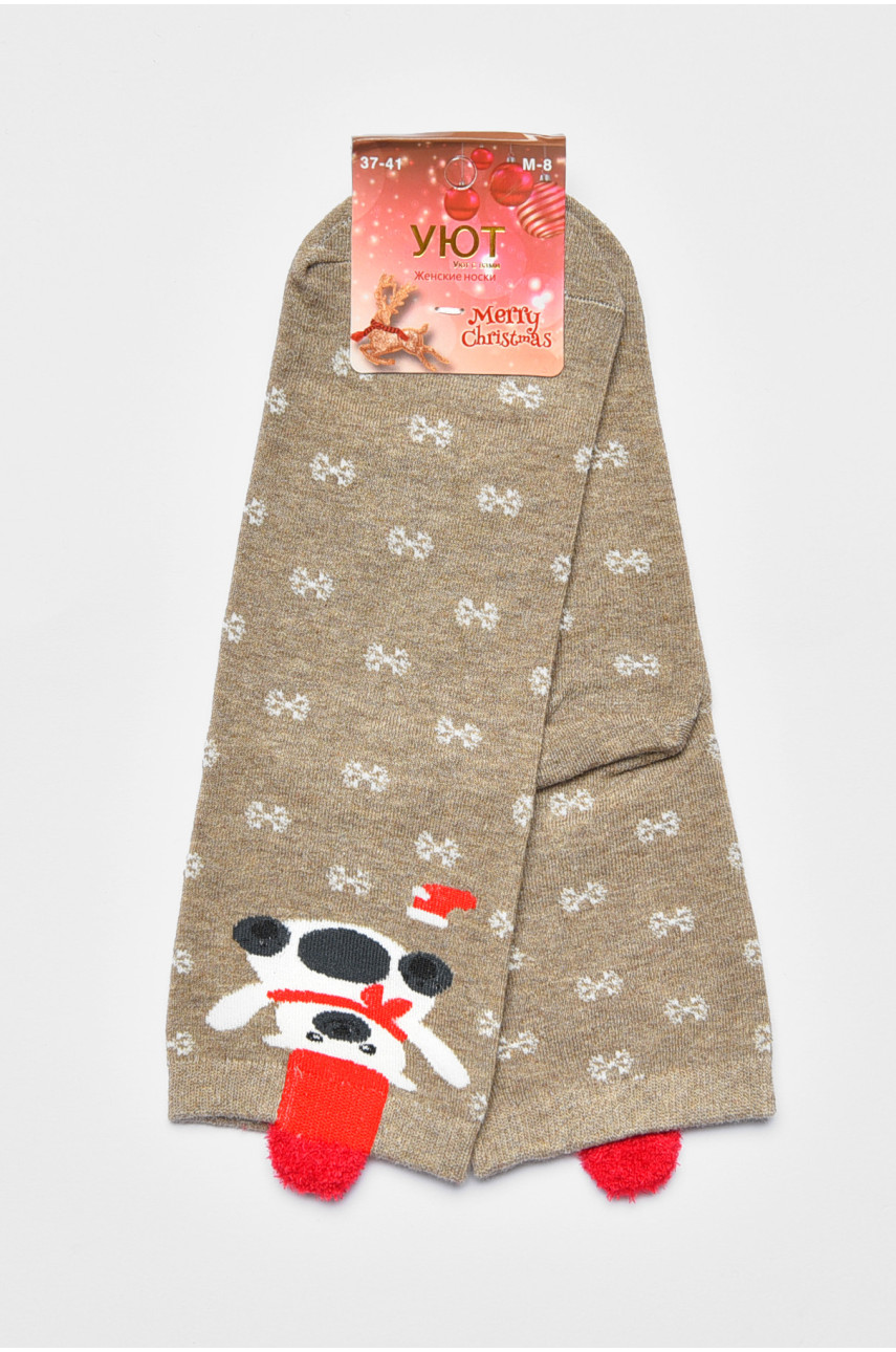 Шкарпетки жіночі з новорічним принтом бежевого кольору м8-01 190957 Шкарпетки жіночі з новорічним принтом бежевого кольору м8-01 190957