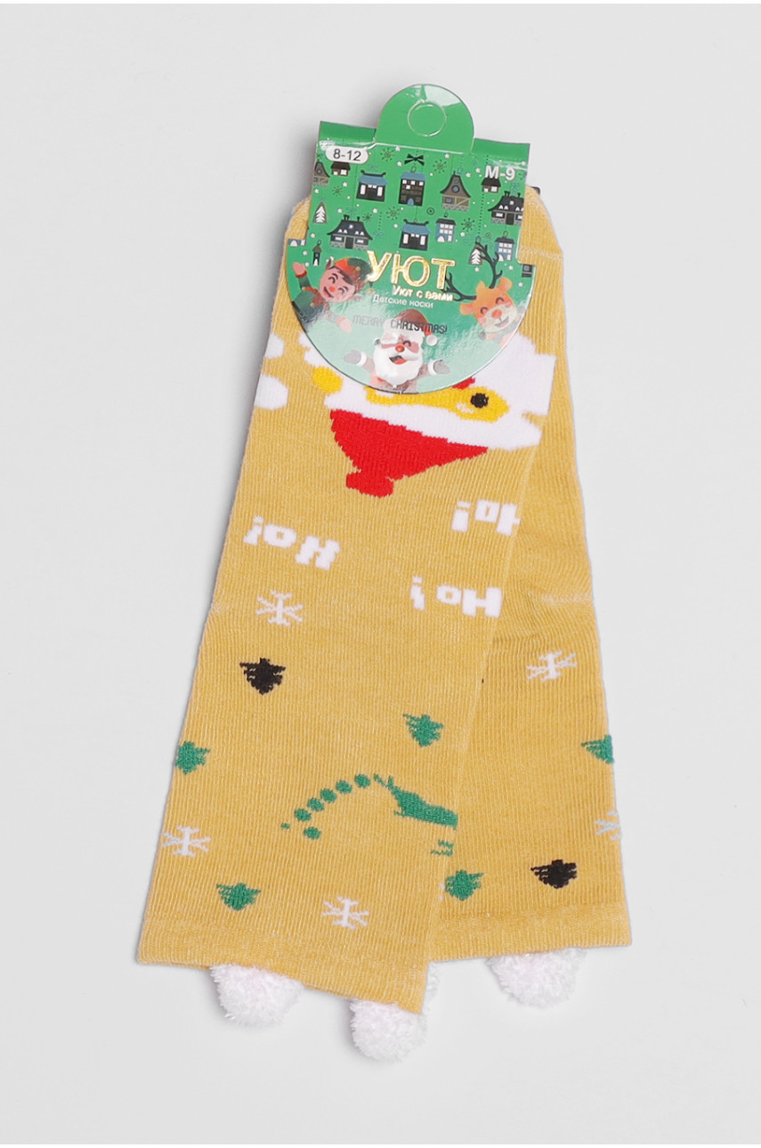 Шкарпетки дитячі з новорічним принтом гірчичного кольору м9 190994 Шкарпетки дитячі з новорічним принтом гірчичного кольору м9 190994