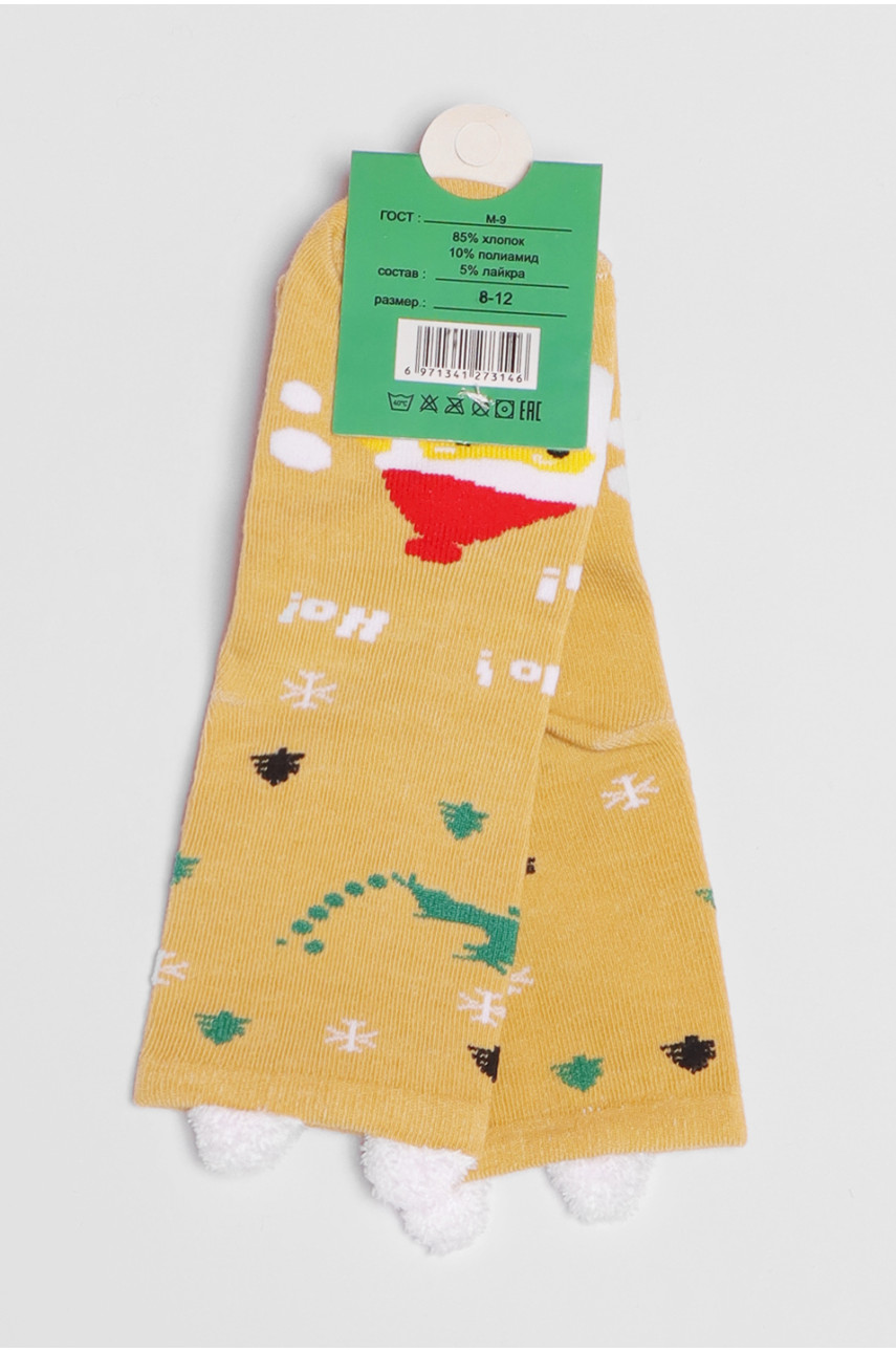 Шкарпетки дитячі з новорічним принтом гірчичного кольору м9 190994 Шкарпетки дитячі з новорічним принтом гірчичного кольору м9 190994