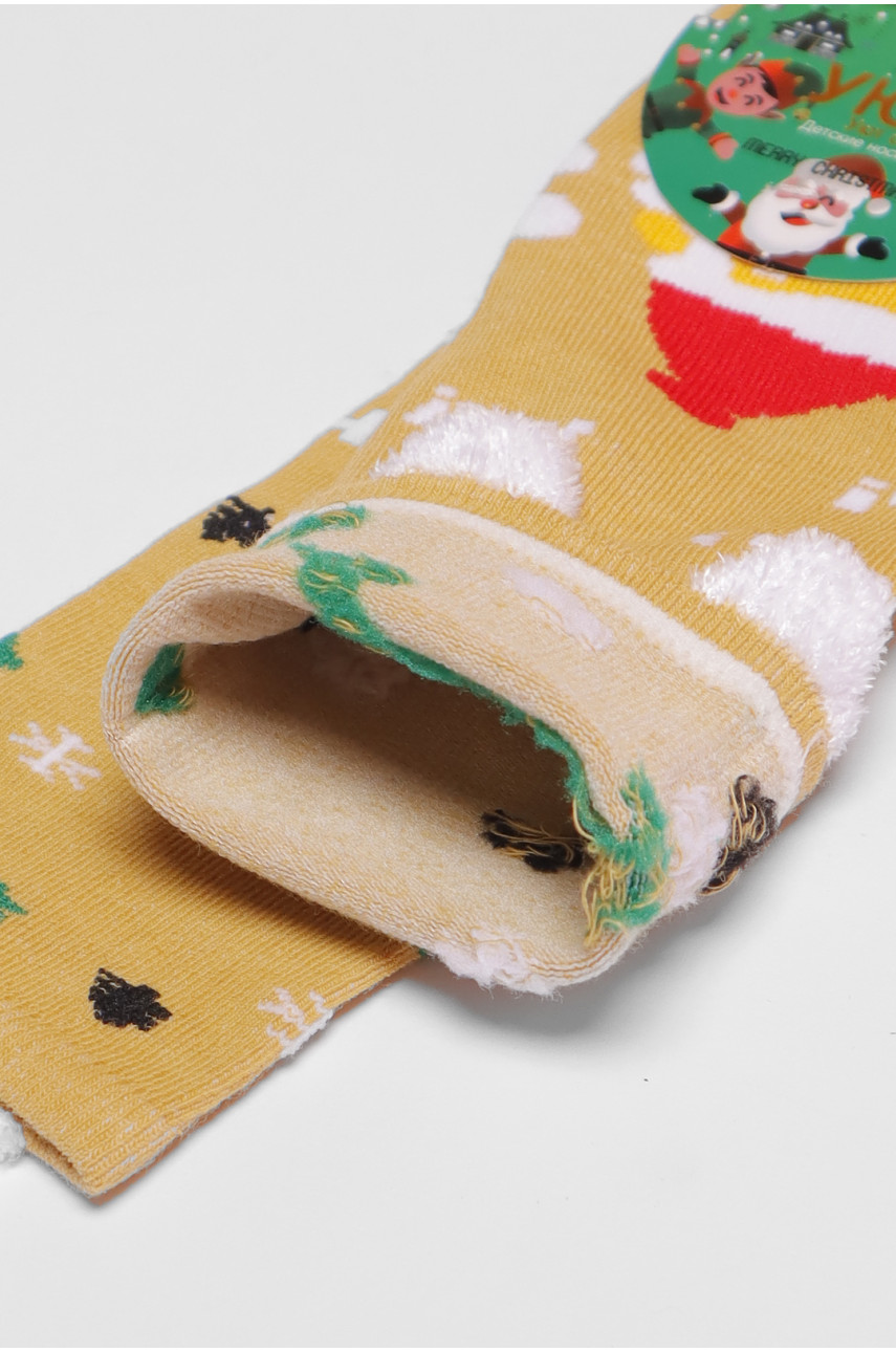 Шкарпетки дитячі з новорічним принтом гірчичного кольору м9 190994 Шкарпетки дитячі з новорічним принтом гірчичного кольору м9 190994