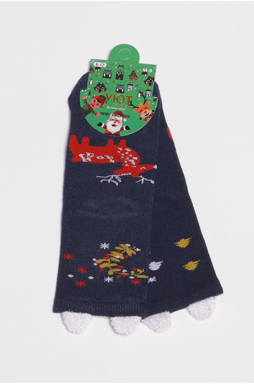 Шкарпетки дитячі з новорічним принтом синього кольору м9 190998 Шкарпетки дитячі з новорічним принтом синього кольору м9 190998
