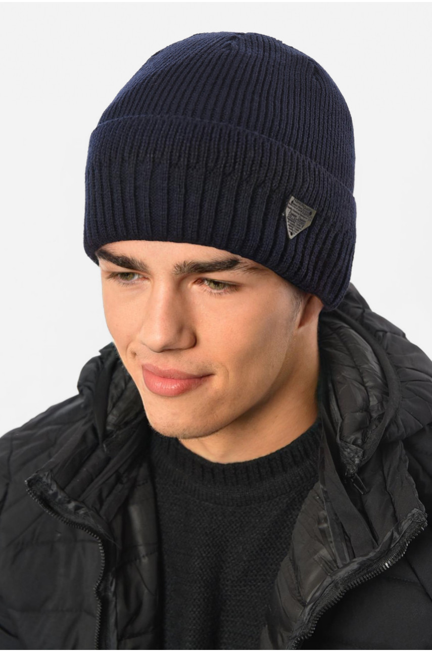 Шапка чоловіча з підворотом на флісе темно-синього кольору 191795