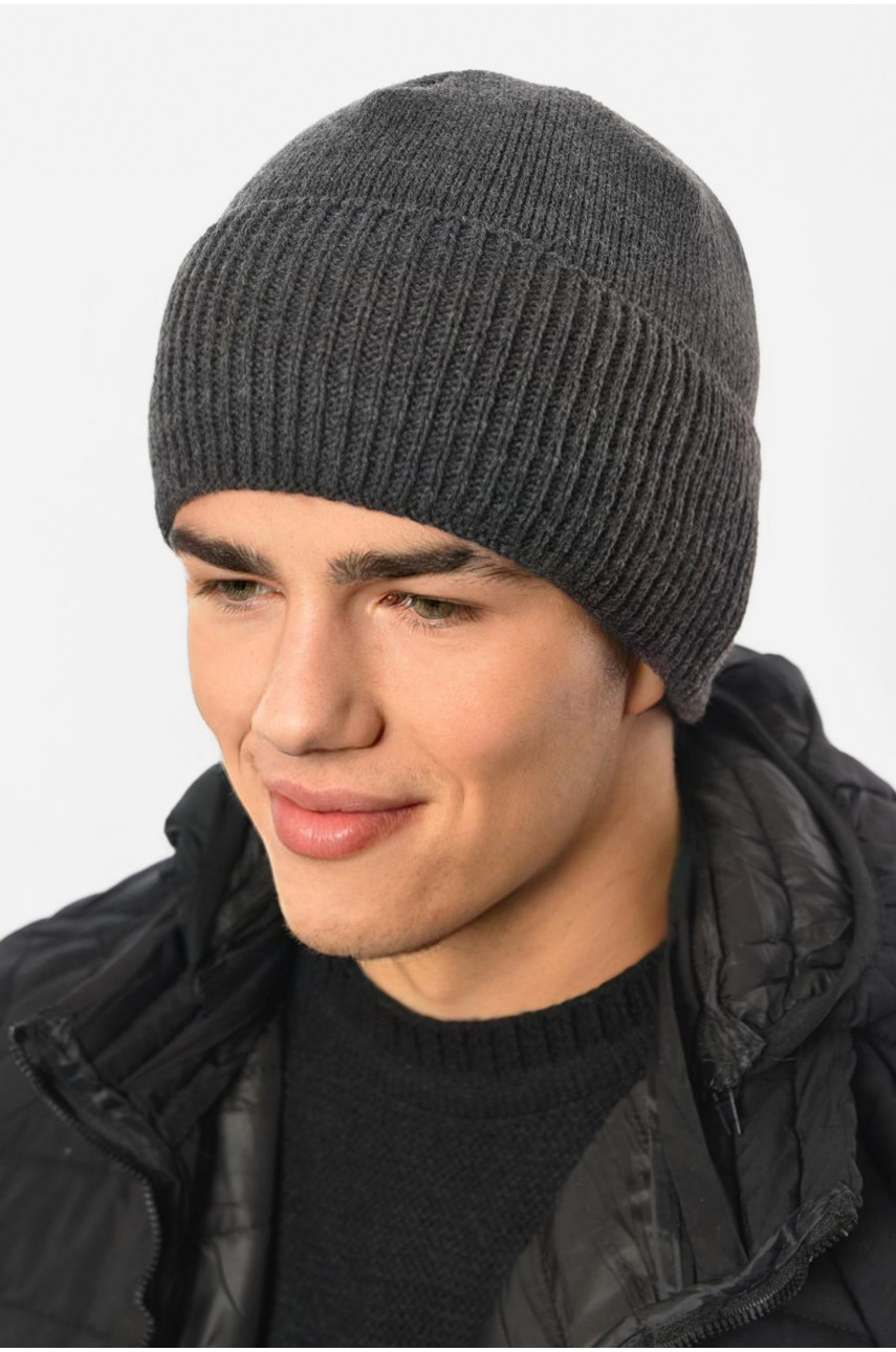 Шапка чоловіча з підворотом на флісе сірого кольору 191804