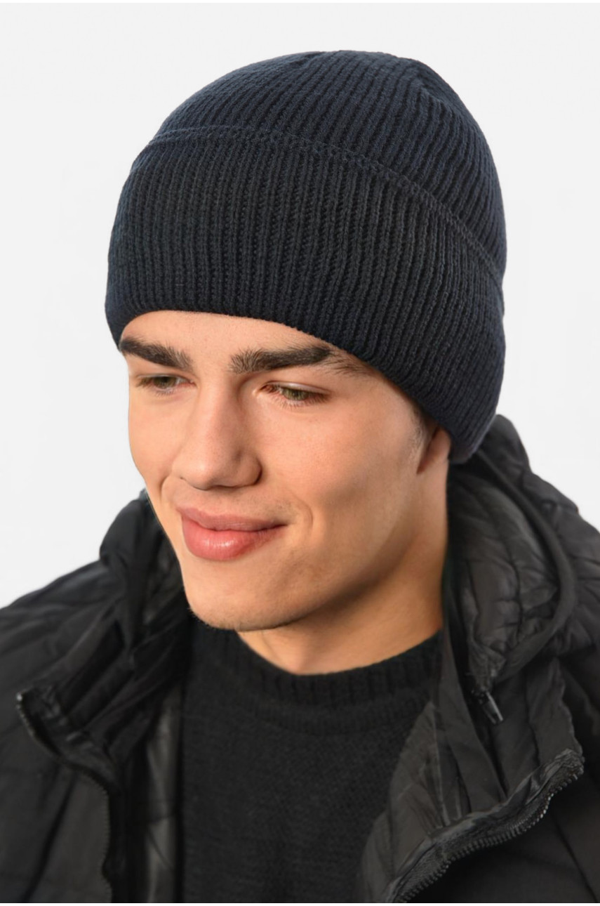 Шапка чоловіча з підворотом на флісе темно-синього кольору 191806