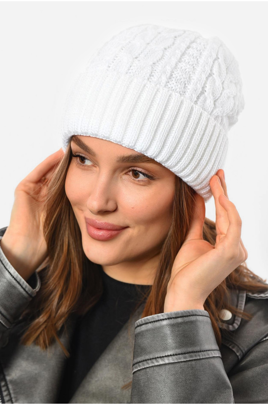 Шапка женская зимняя на флисе однотонная белого цвета 192002 Шапка женская зимняя на флисе однотонная белого цвета 192002