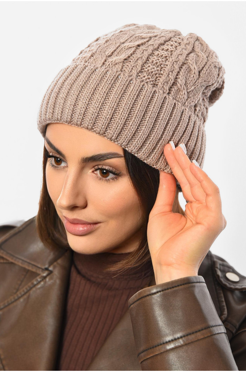 Шапка женская зимняя на флисе однотонная темно-бежевого цвета 192011 Шапка женская зимняя на флисе однотонная темно-бежевого цвета 192011