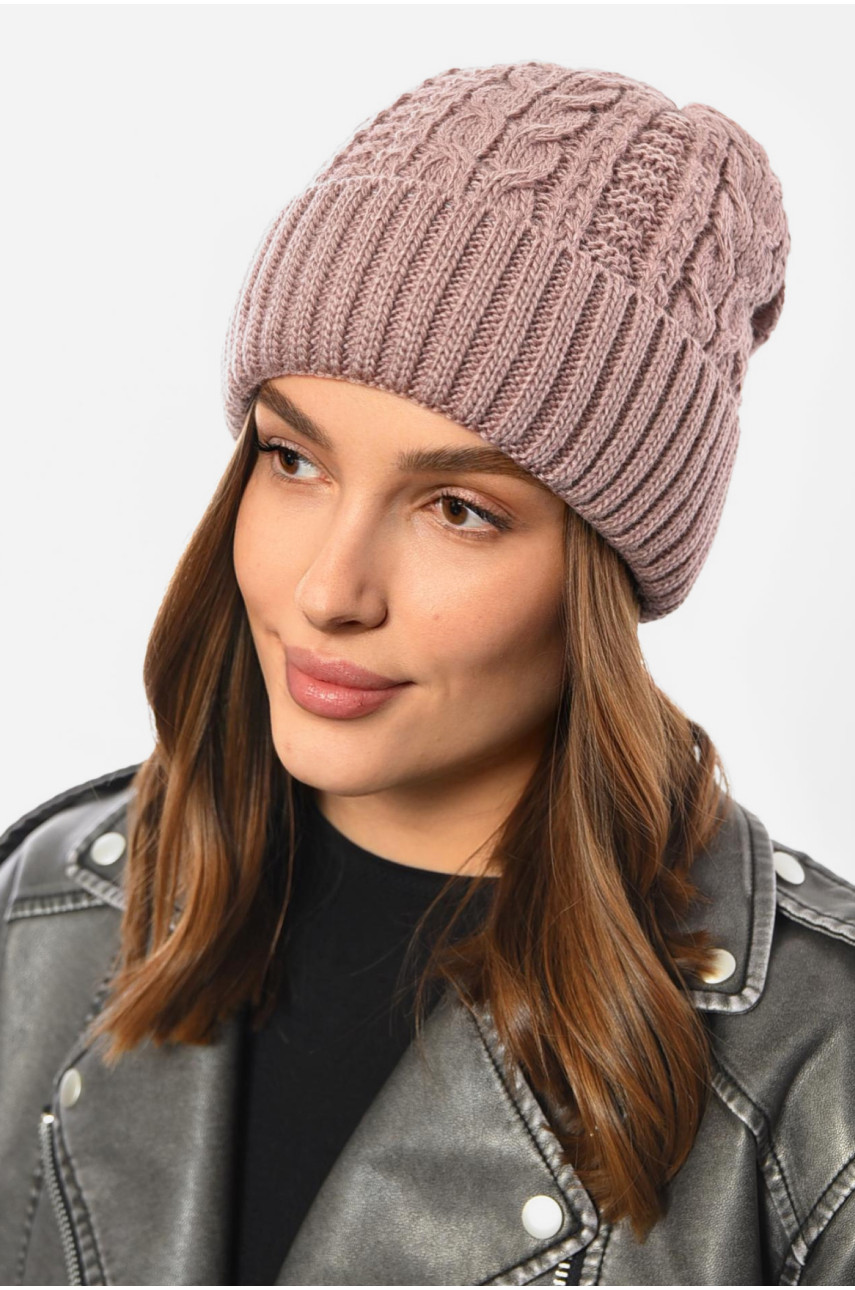 Шапка жіноча зимова на флісі однотонна темно-рожевого кольору 192012