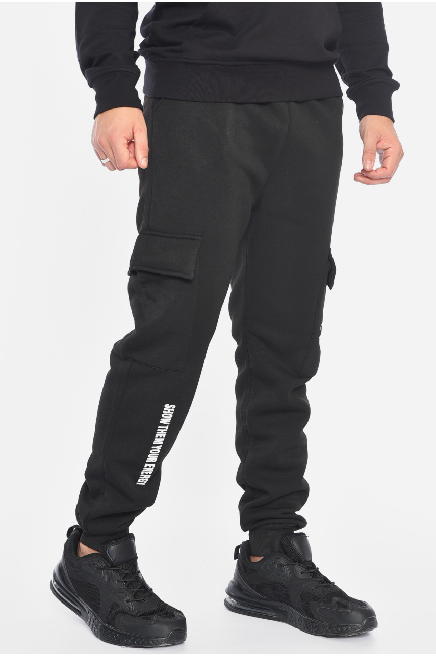 Спортивные штаны мужские на флисе черного цвета L-6718 192144 Спортивные штаны мужские на флисе черного цвета L-6718 192144