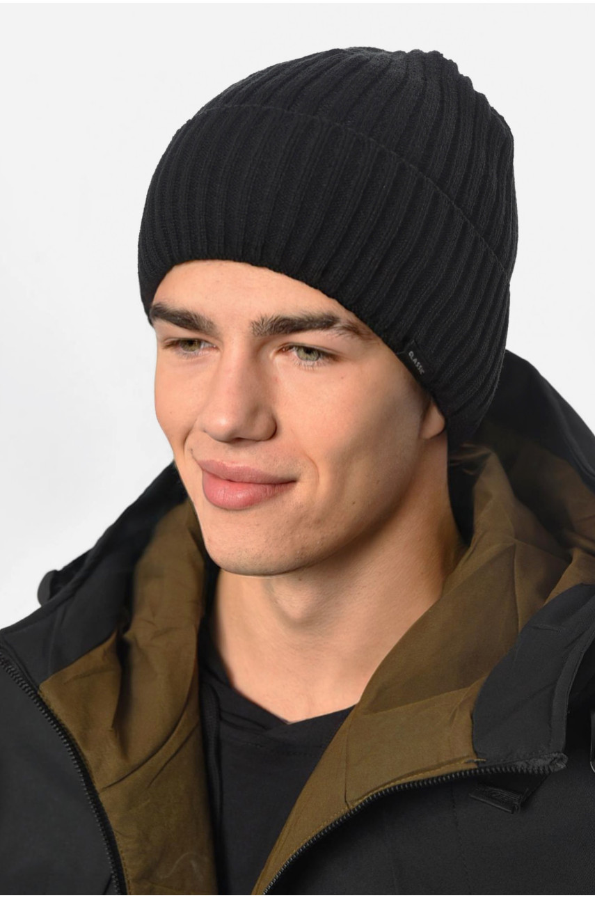 Шапка чоловіча з підворотом на флісі чорного кольору 192422
