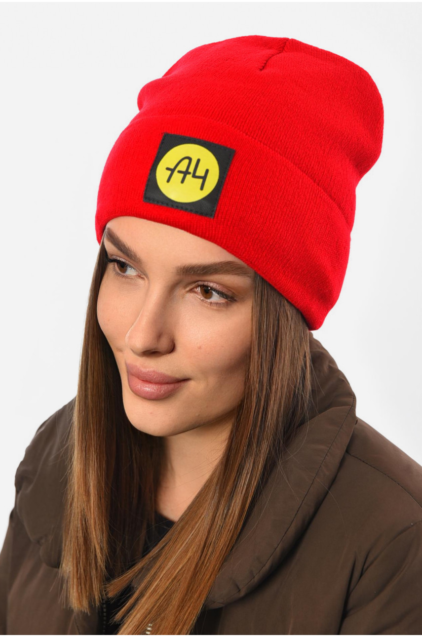 Шапка жіноча зимова на флісі однотонна червоного кольору 193189