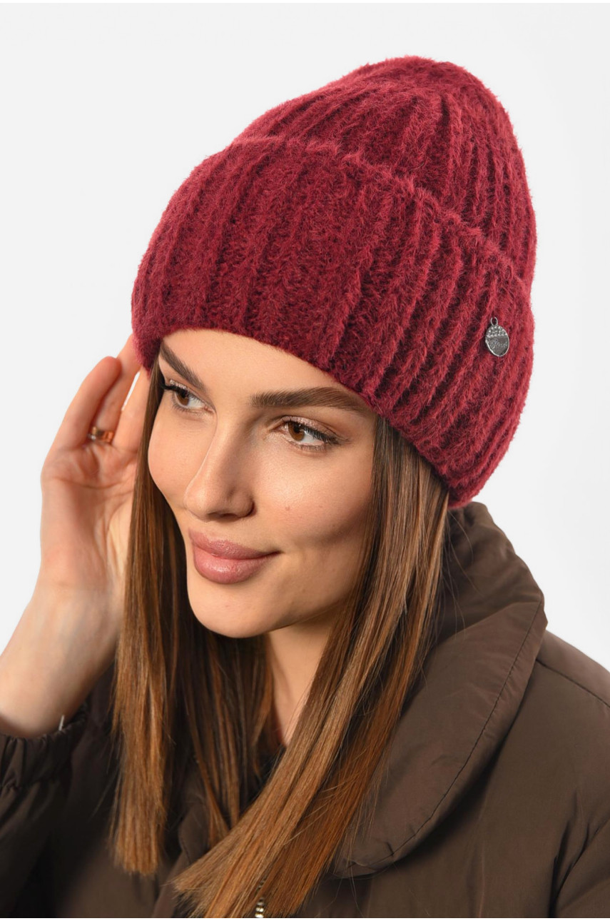 Шапка женская зимняя на флисе однотонная бордового цвета 193198 Шапка женская зимняя на флисе однотонная бордового цвета 193198