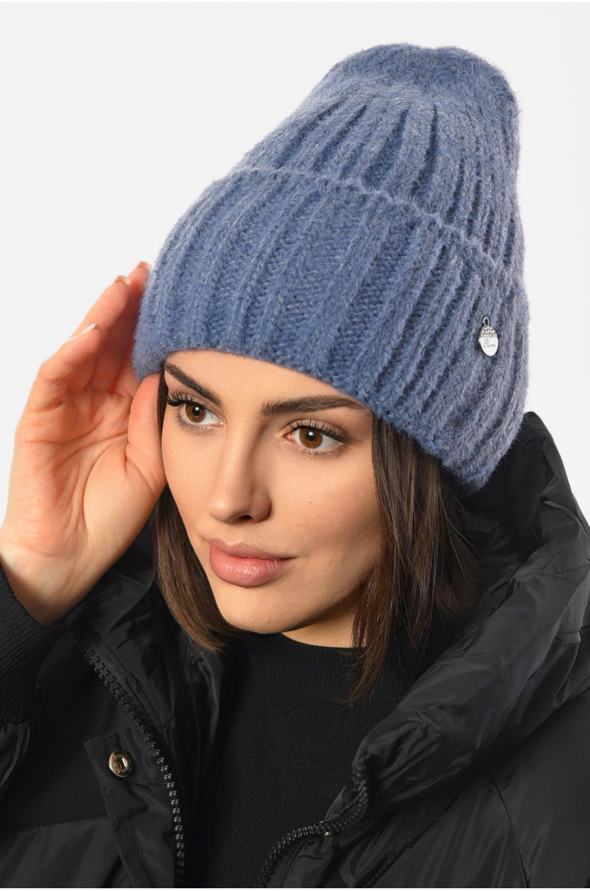 Шапка жіноча зимова на флісі однотонна синього кольору 193201