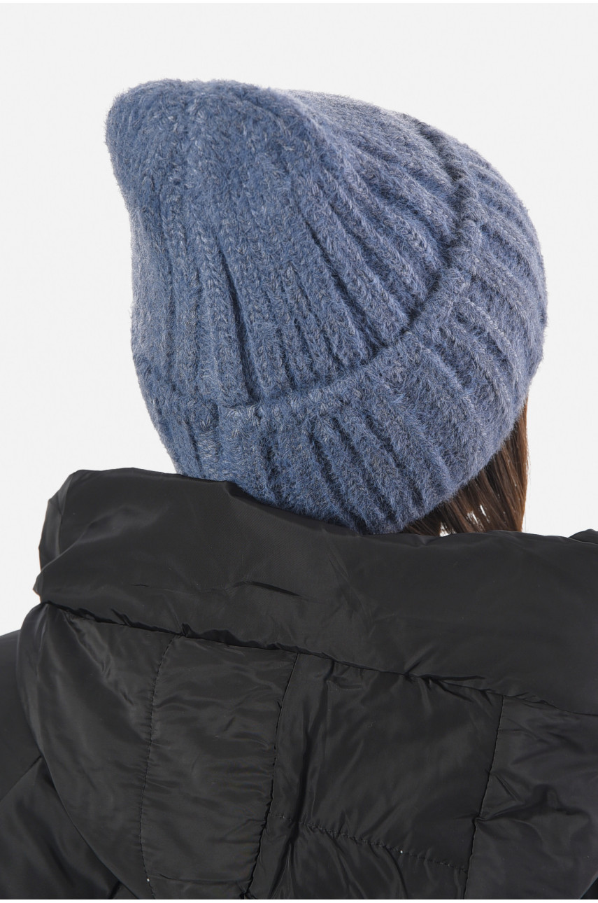Шапка жіноча зимова на флісі однотонна синього кольору 193201