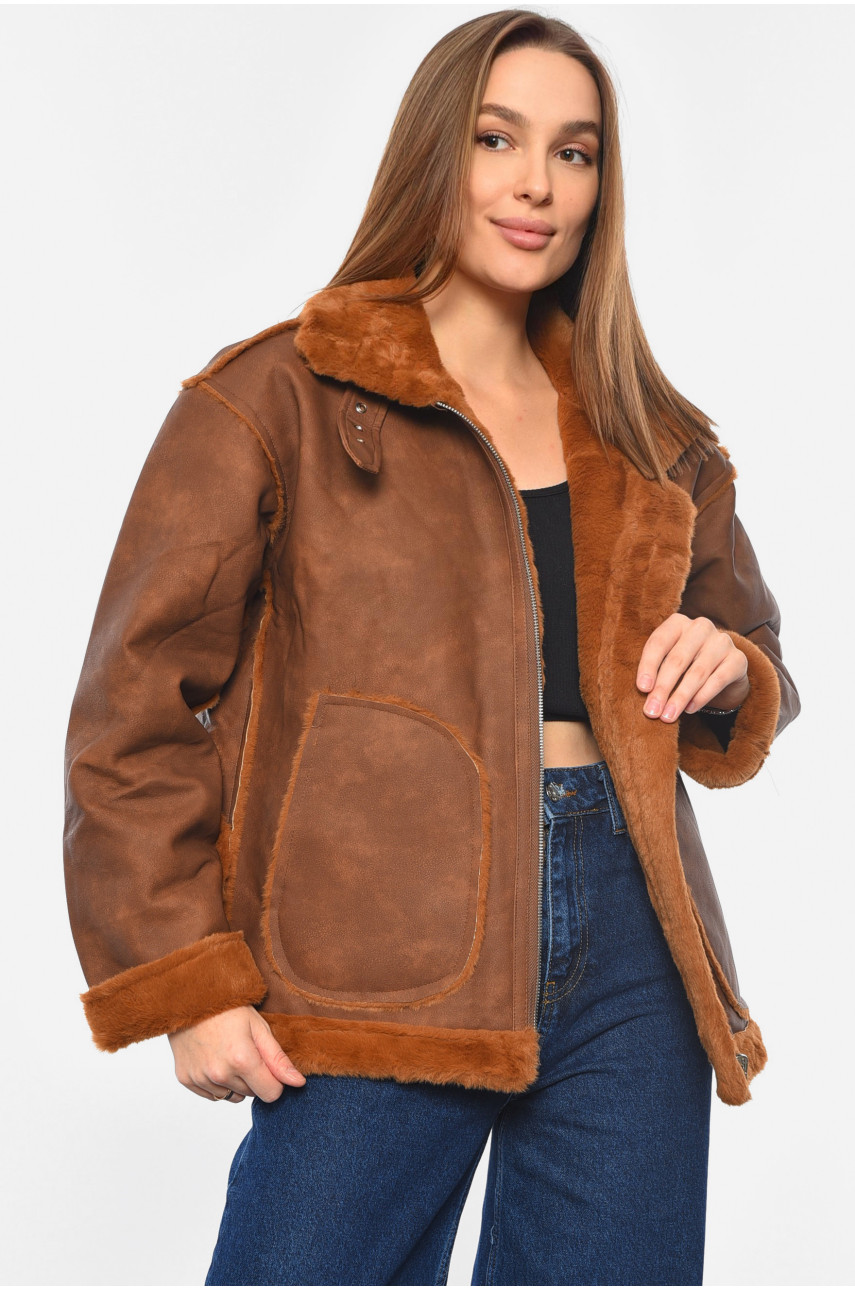 Дублянка жіноча двостороння на штучному хутрі темно-коричневого кольору 610 193270