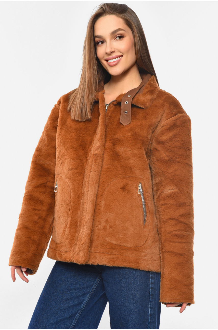 Дублянка жіноча двостороння на штучному хутрі темно-коричневого кольору 610 193270