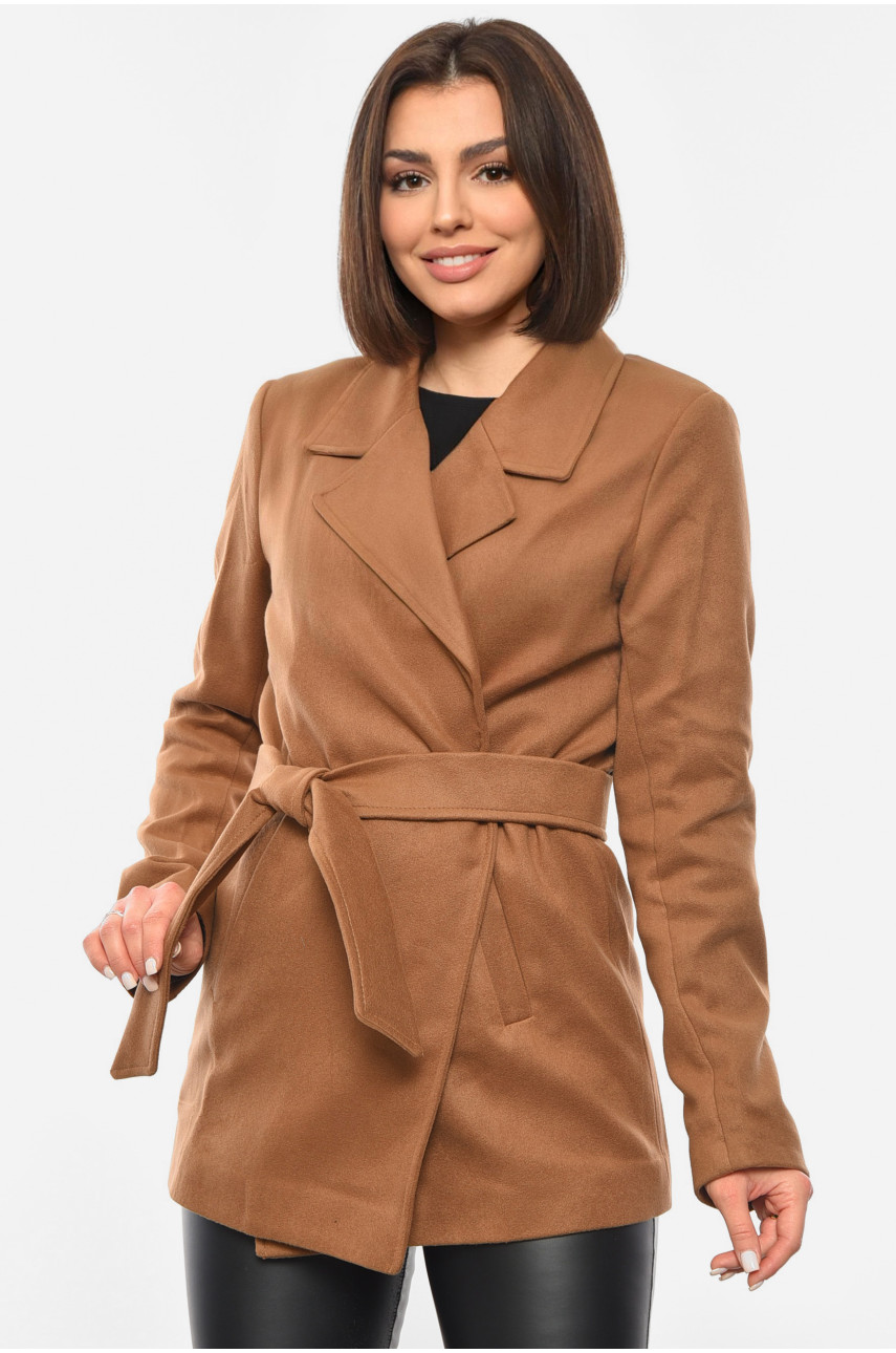 Пальто жіноче на запах коричневого кольору 481 193361
