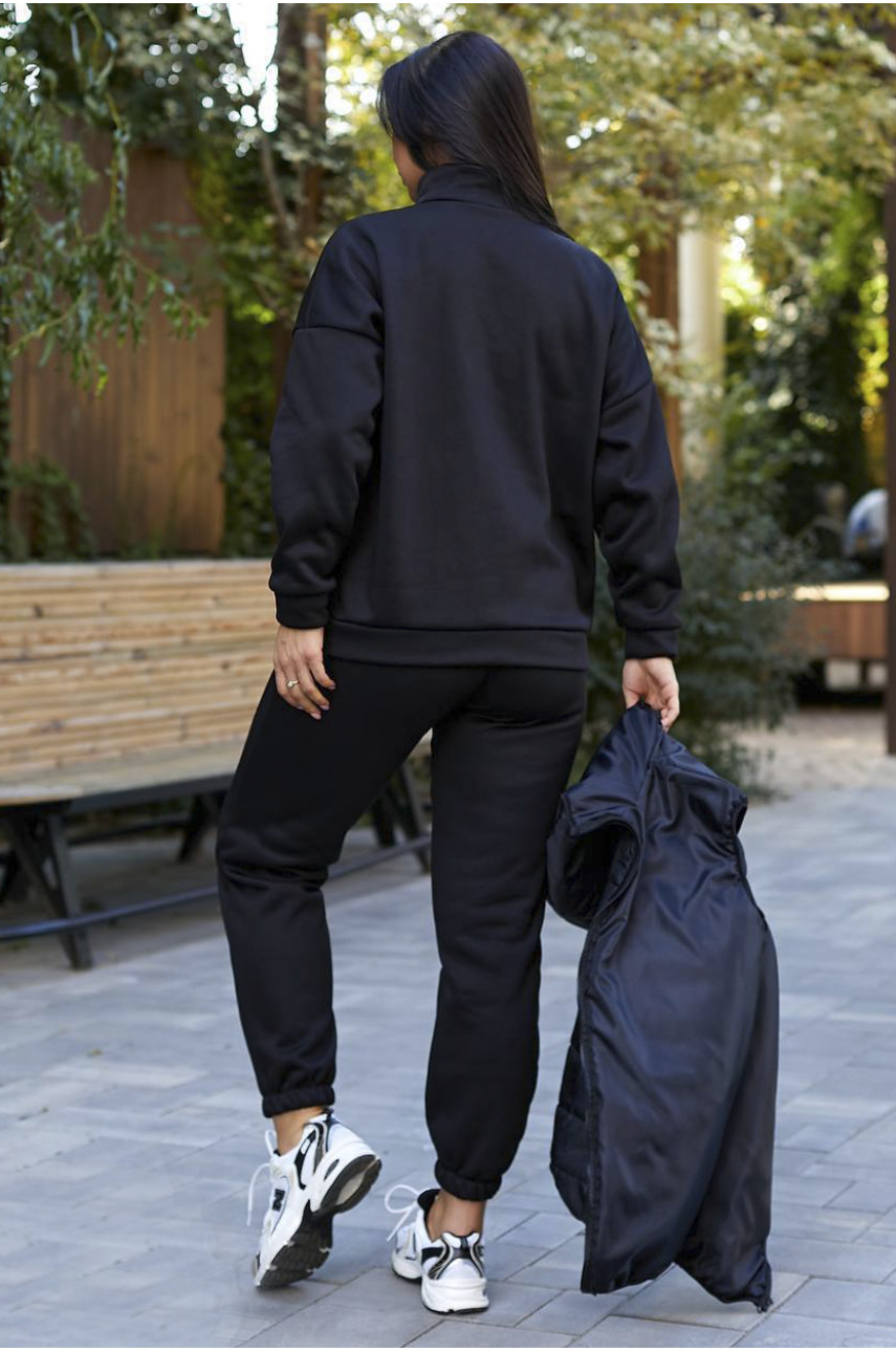 Спортивный костюм женский тройка на флисе черного цвета 2066 193409 Спортивный костюм женский тройка на флисе черного цвета 2066 193409