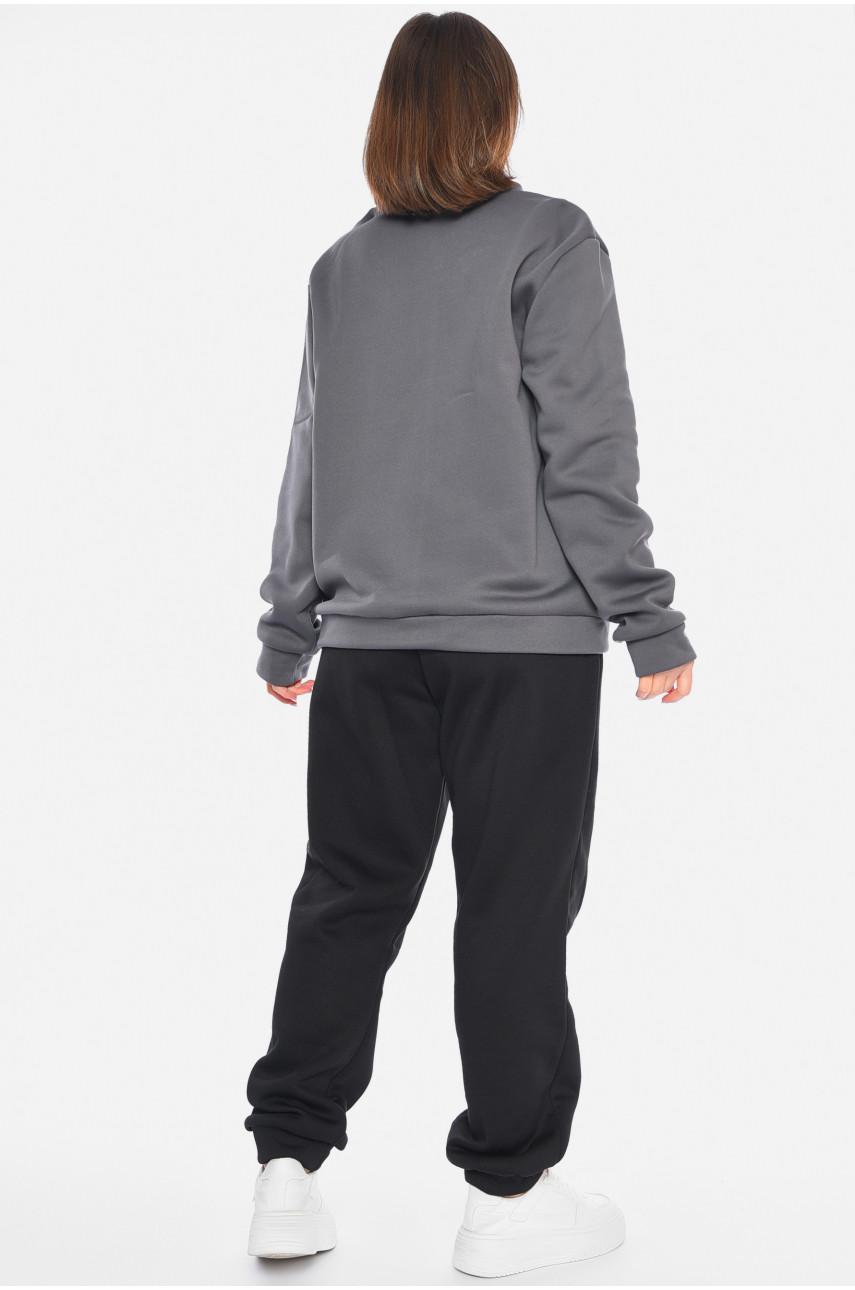 Спортивний костюм жіночий напівбатальний на флісі чорно-сірого кольору 481 193484