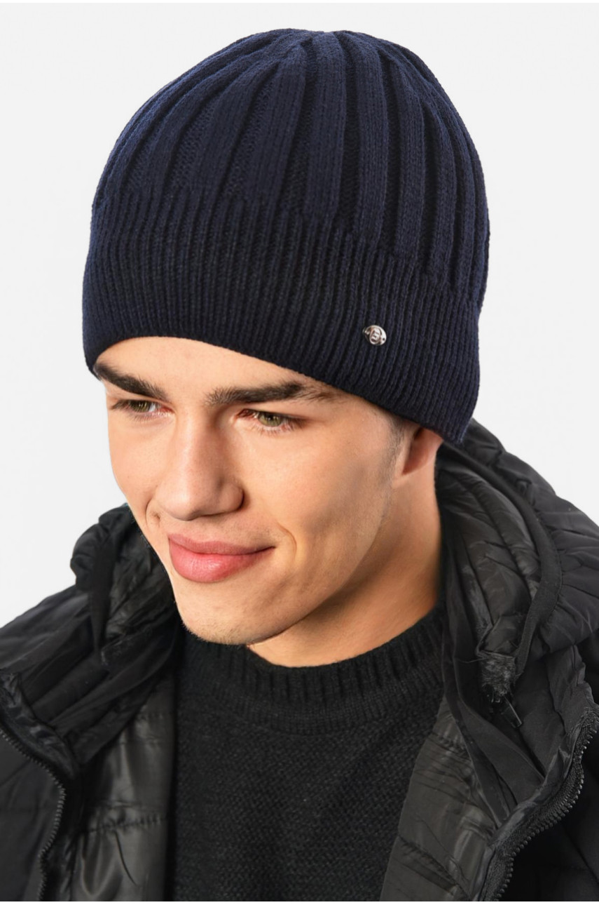 Шапка мужская на флисе темно-синего цвета 193756 Шапка мужская на флисе темно-синего цвета 193756
