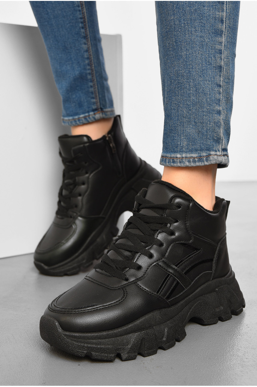 Кросівки жіночі зимові чорного кольору на шнурівці 113-5 193865
