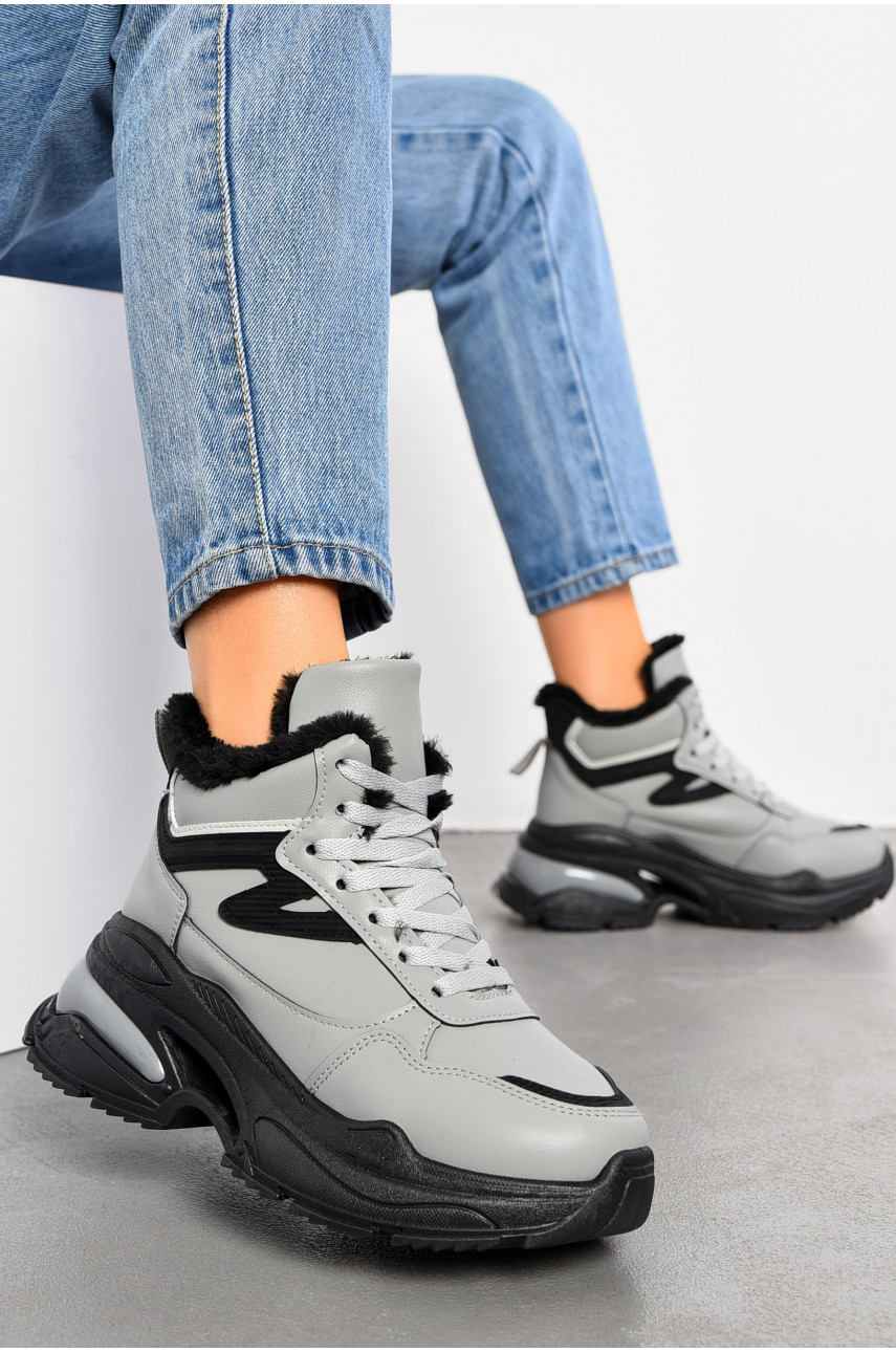 Кросівки жіночі зимові сірого кольору на шнурівці R-33 194078