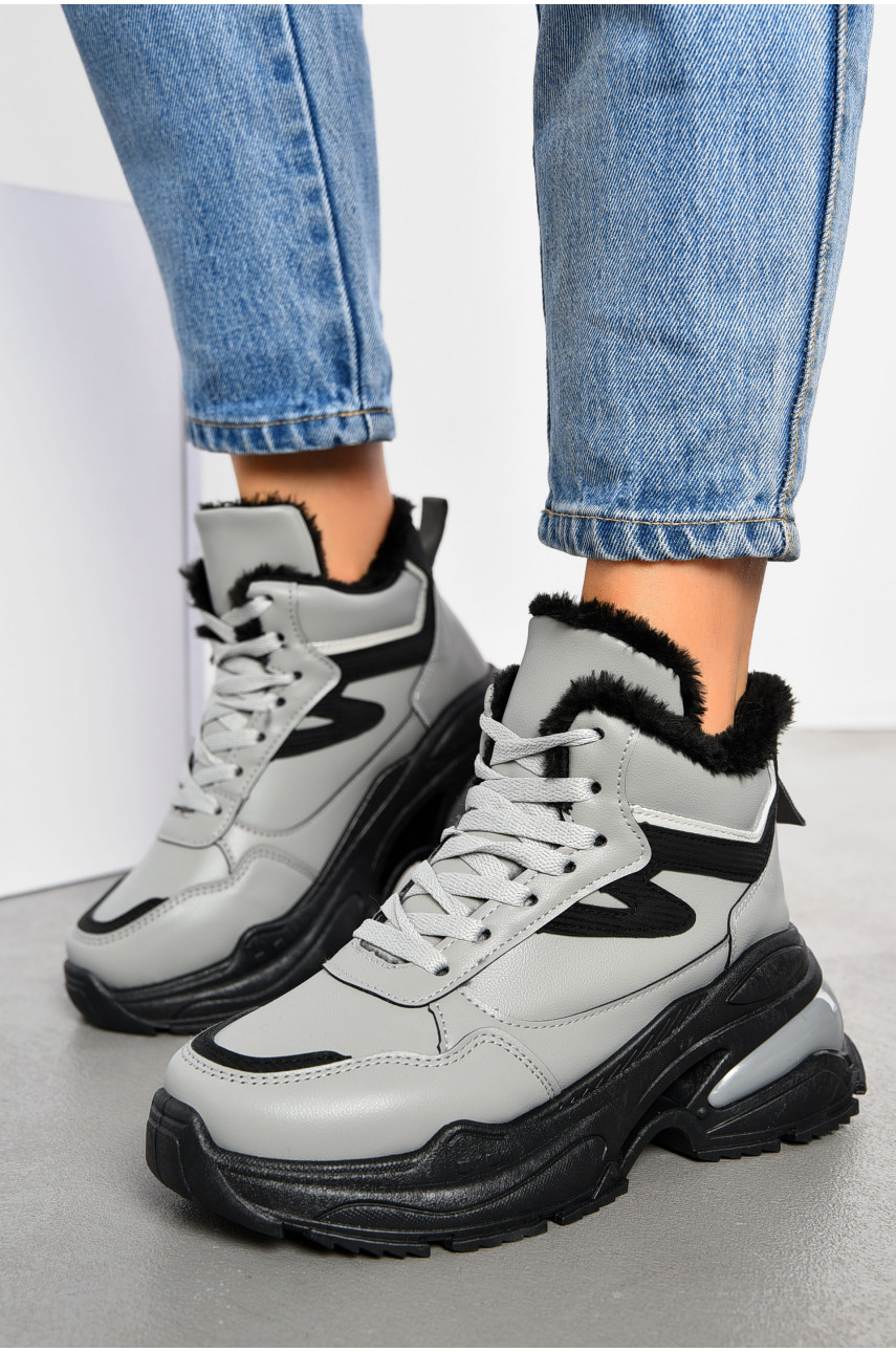 Кросівки жіночі зимові сірого кольору на шнурівці R-33 194078